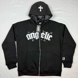 Angelic Motion Mens Onyx Zip Up Hoodie Sweatshirt Sz Large Black Embroidered B6